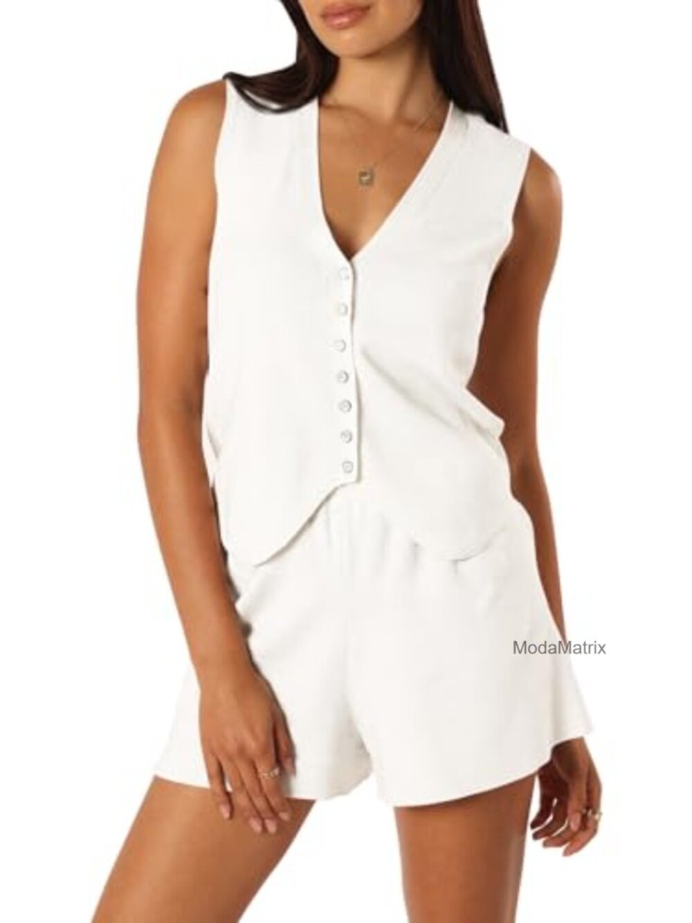 Women 2 Piece Knit Lounge Set Sleeveless Button Top Wide Leg Shorts Summer
